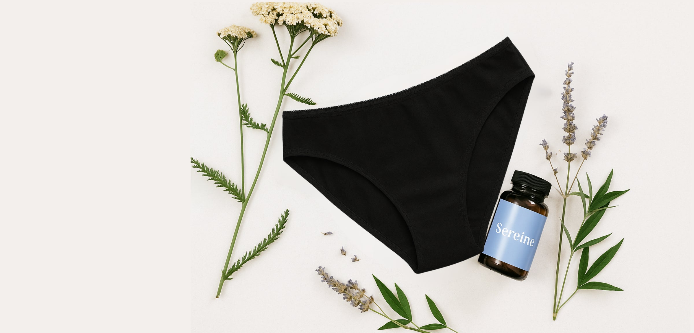 La culotte menstruelle L’Apaisante et le complément alimentaire Cycle & Harmonie de Sereine, présentés ensemble sur un fond épuré.