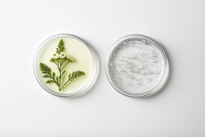 Illustration de deux boîtes de Pétri ouvertes : l’une contenant des plantes naturelles, l’autre une solution transparente, représentant l’action interne et externe de Sereine.